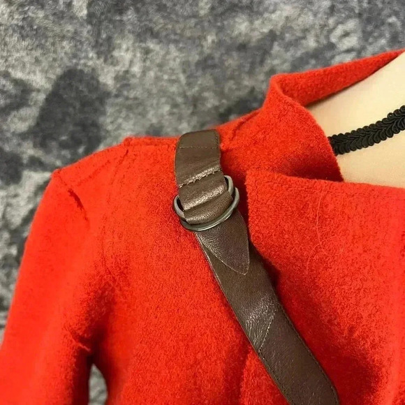 Eileen Fisher Wool Snap Cape Cardigan Jacket Red Orange Lagenlook Leather - Picture 3 of 12